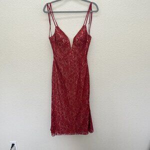 Colette Mon Cheri Red Floral Lace Beaded Sequin Sleeveless Dress Womens size 2